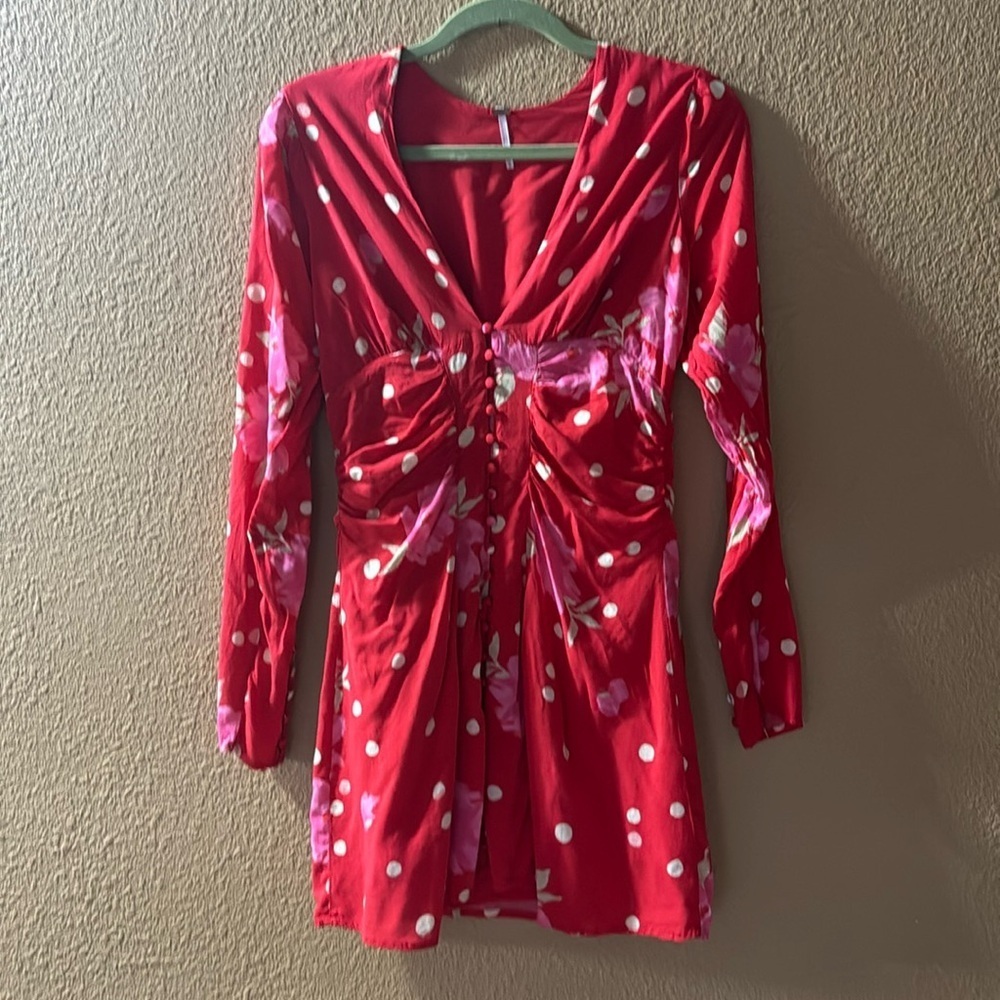Free People long sleeve red mini dress with flowers and cream polka dots. Size S